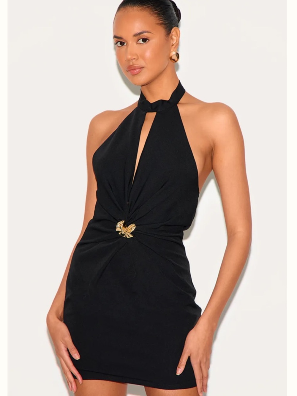 PrettyLittleThing Black Halter Twist Mini Dress with Gold Accent